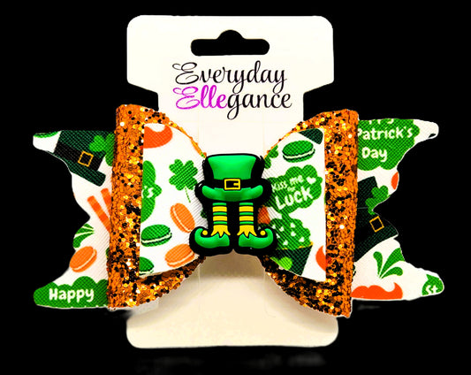 St. Patrick's Day Glitter Bow with Leprechaun Hat and Shoe Accent