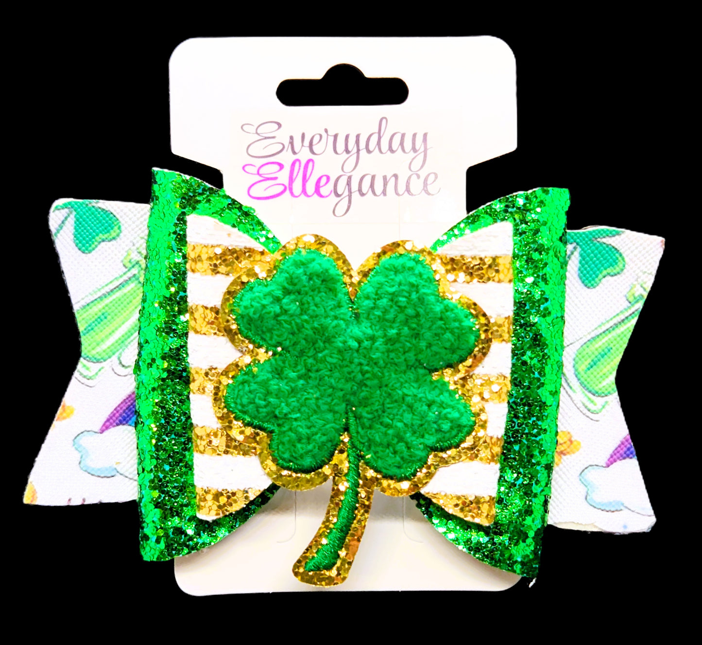 St. Patrick's Day Striped Glitter Bow with a Shamrock Accent
