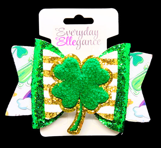St. Patrick's Day Striped Glitter Bow with a Shamrock Accent