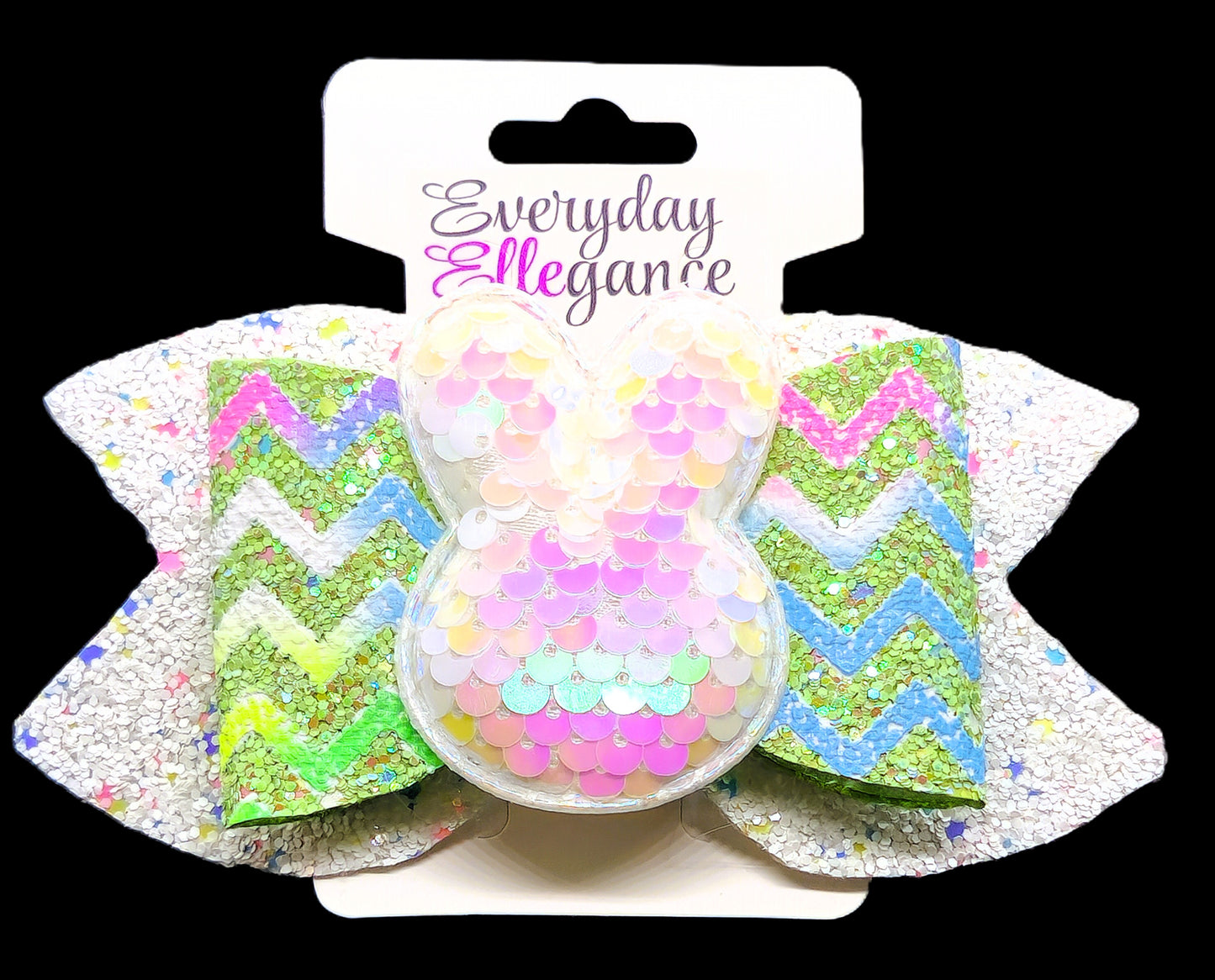 Easter Chevron Striped Glitter Bow with a Sequined Bunny Accent