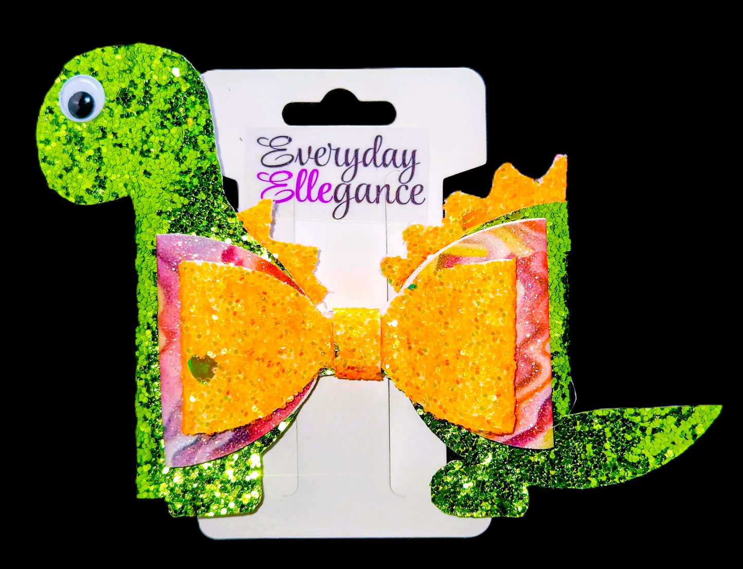 Marbled Glitter Dinosaur Bow with Googly Eyes