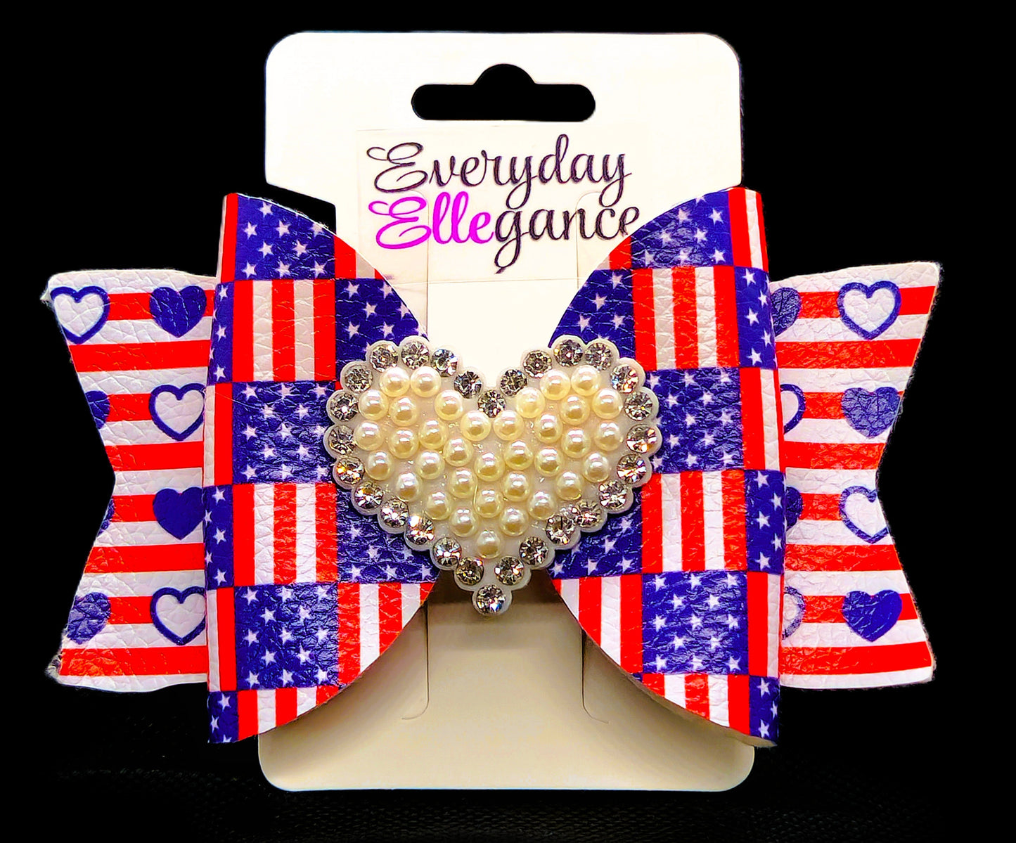 Hearts and Flag Bow with a Pearl and Rhinestone Heart Accent