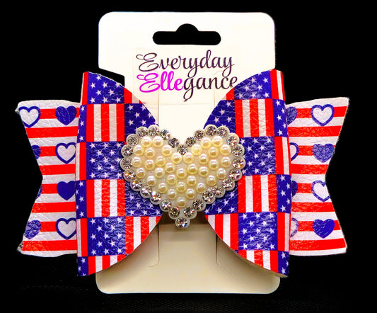 Hearts and Flag Bow with a Pearl and Rhinestone Heart Accent