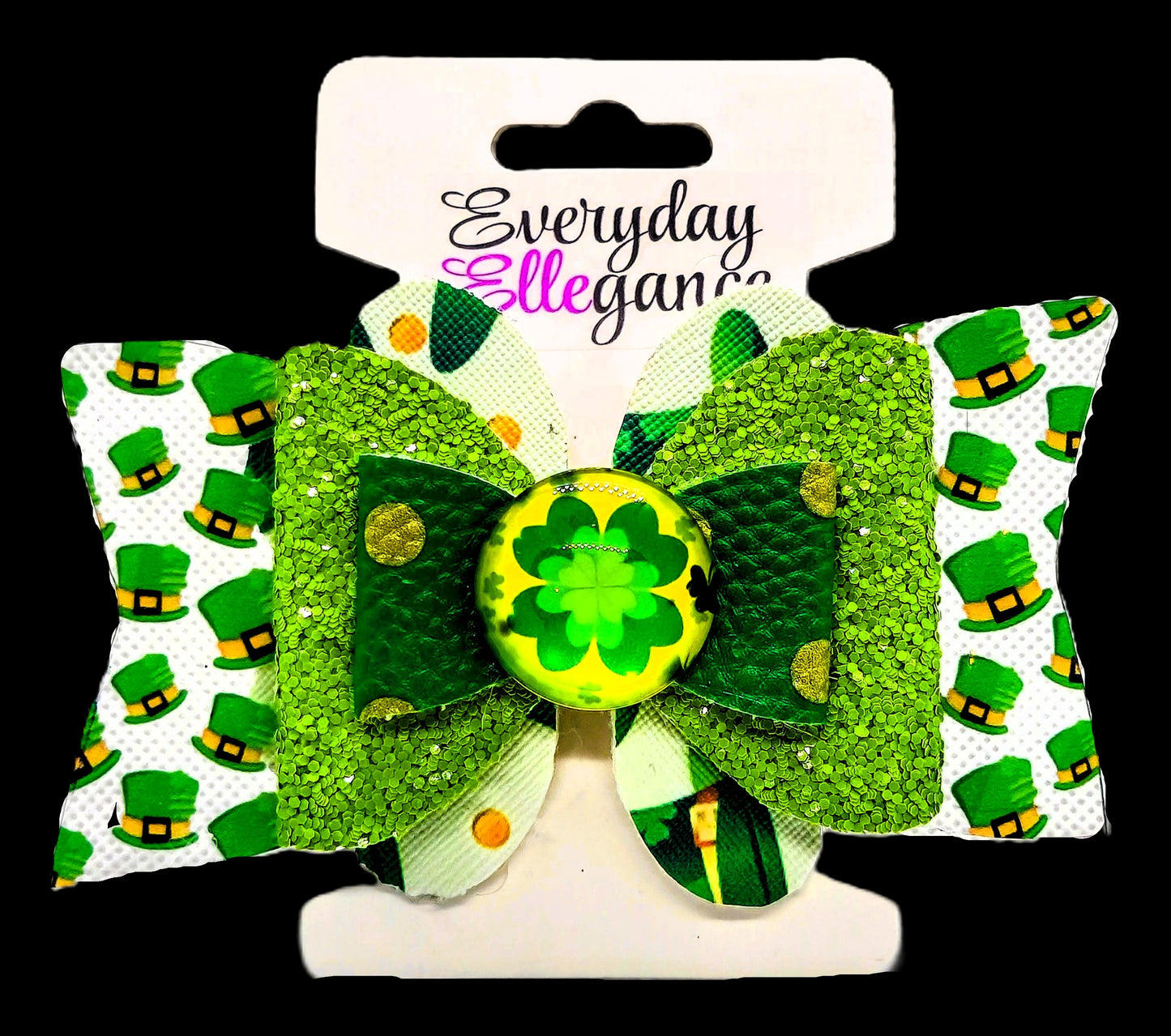 St. Patrick's Day Top Hat and Polka Dots Glitter Bow with a Glass 4 Leaf Clover Cabochon Accent