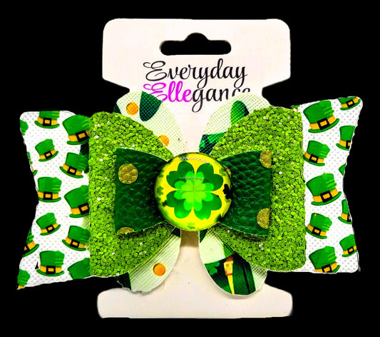 St. Patrick's Day Top Hat and Polka Dots Glitter Bow with a Glass 4 Leaf Clover Cabochon Accent