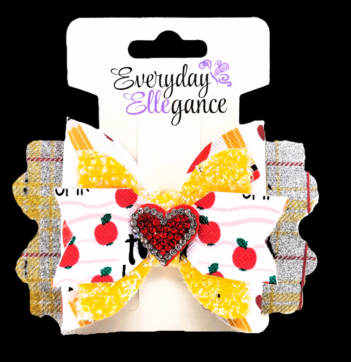 Glitter Plaid Apples and Pencils Bow with a Rhinestone Heart Accent