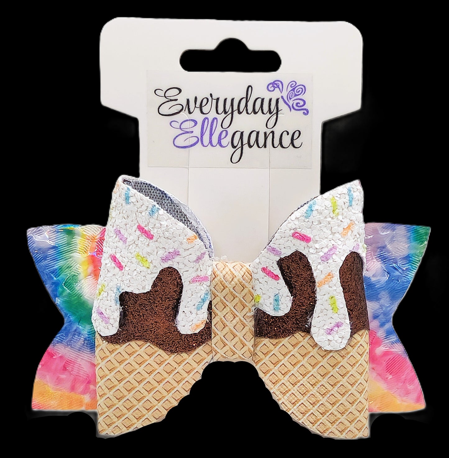 Chocolate Glitter Ice Cream Sugar Cone Bow with Tie Dyed Back