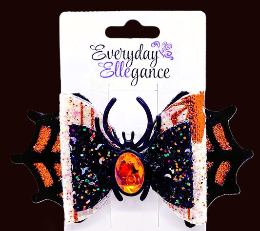 Halloween Glitter Spider Web Bow with a Jeweled Spider Accent