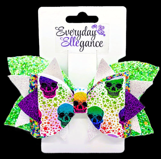 Halloween Holographic Glitter Rainbow Skull Bow