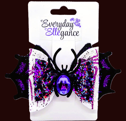 Halloween Glitter Spider Web and Spider Bow with a Jeweled Spider Accent