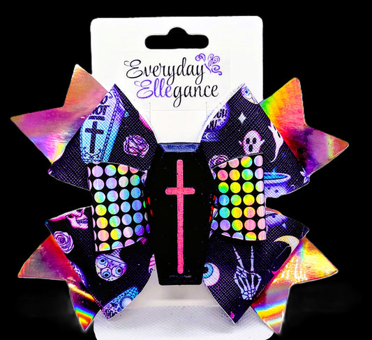 Halloween Holographic Ghosts and Ghouls Pinwheel Bow with a Coffin Accent