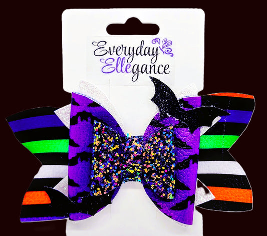 Glitter Striped Bat Bow with Two Bat Accents