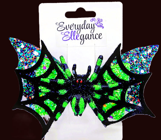Halloween Glitter Bat Wings and Spider in a Web Bow with a Spider Accent