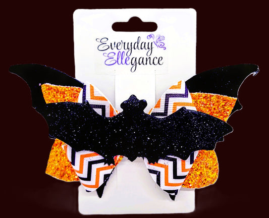 Halloween Chevron Striped Bat Bow with a Bat Accent