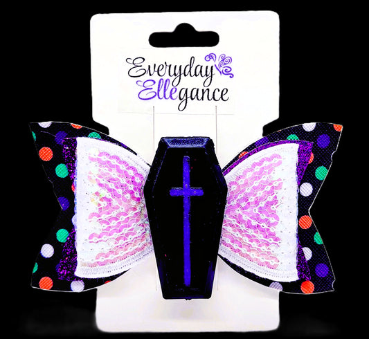 Halloween Sequined Polka Dot Bow with a Coffin Accent