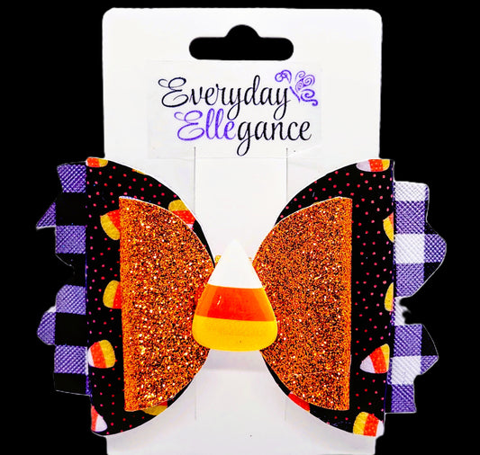 Halloween Glitter and Plaid Candy Corn Bow with a Candy Corn Accent