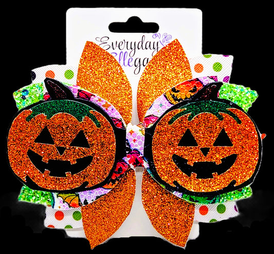 Halloween Bloomin Glitter Pumpkin and Polka Dots Bow with a Double Pumpkin Accent