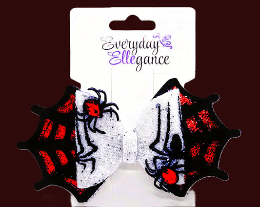 Glitter Spider Web Bow with Jeweled Spider Accents