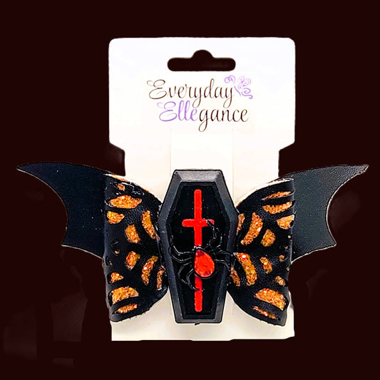 Halloween Glitter Bat Wing Cut-Out Bow with a Coffin and Jeweled Spider Accents