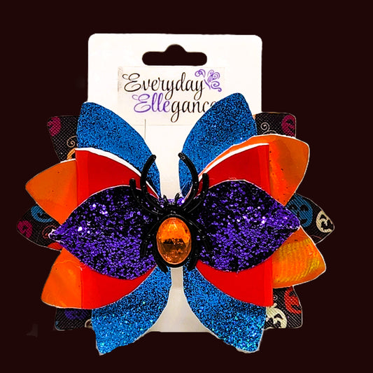 Halloween Bloomin Pumpkins Holographic Glitter Bow with a Jeweled Spider Accent