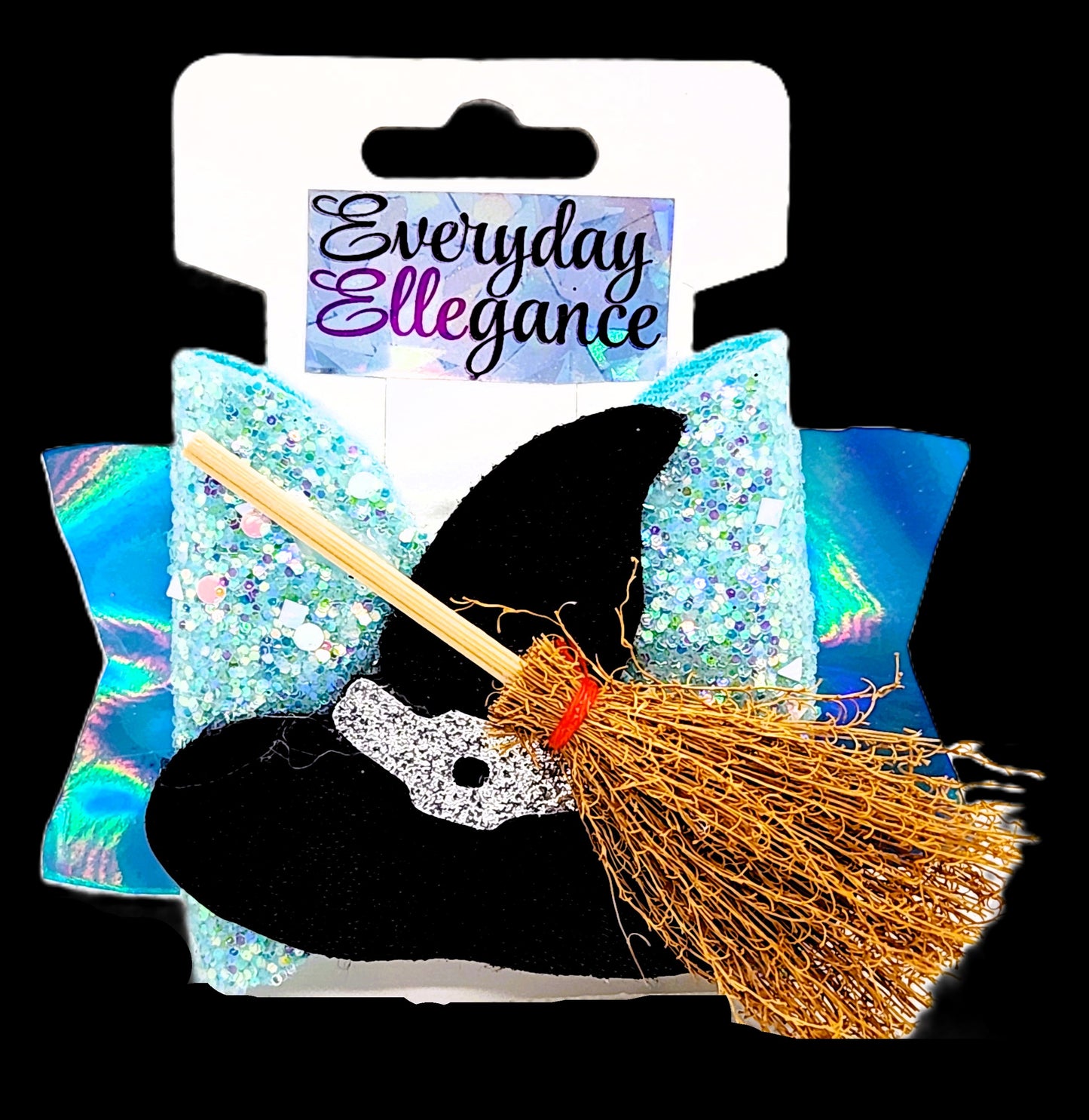 Halloween Holographic Glitter Bow with a Witch Hat and Broom Accent