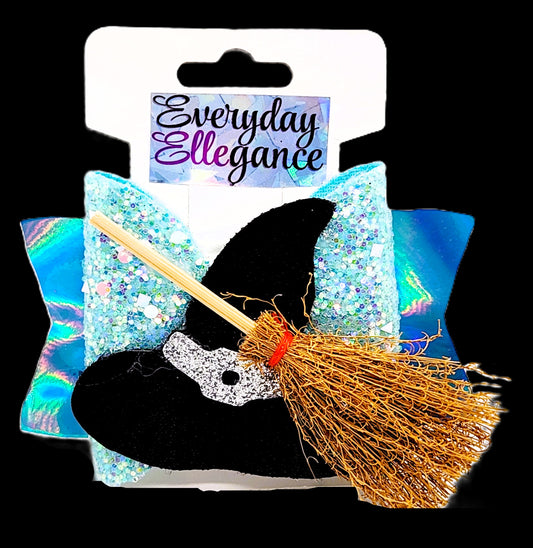 Halloween Holographic Glitter Bow with a Witch Hat and Broom Accent