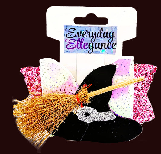 Halloween Holographic Glitter Bow with a Witch Hat and Broom Accent 2