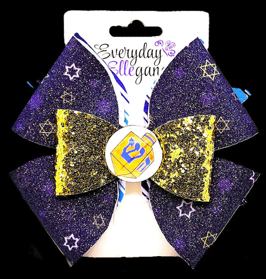 Hanukkah Print Glitter Pinwheel Bow with a Dreidel Cabochon Accent
