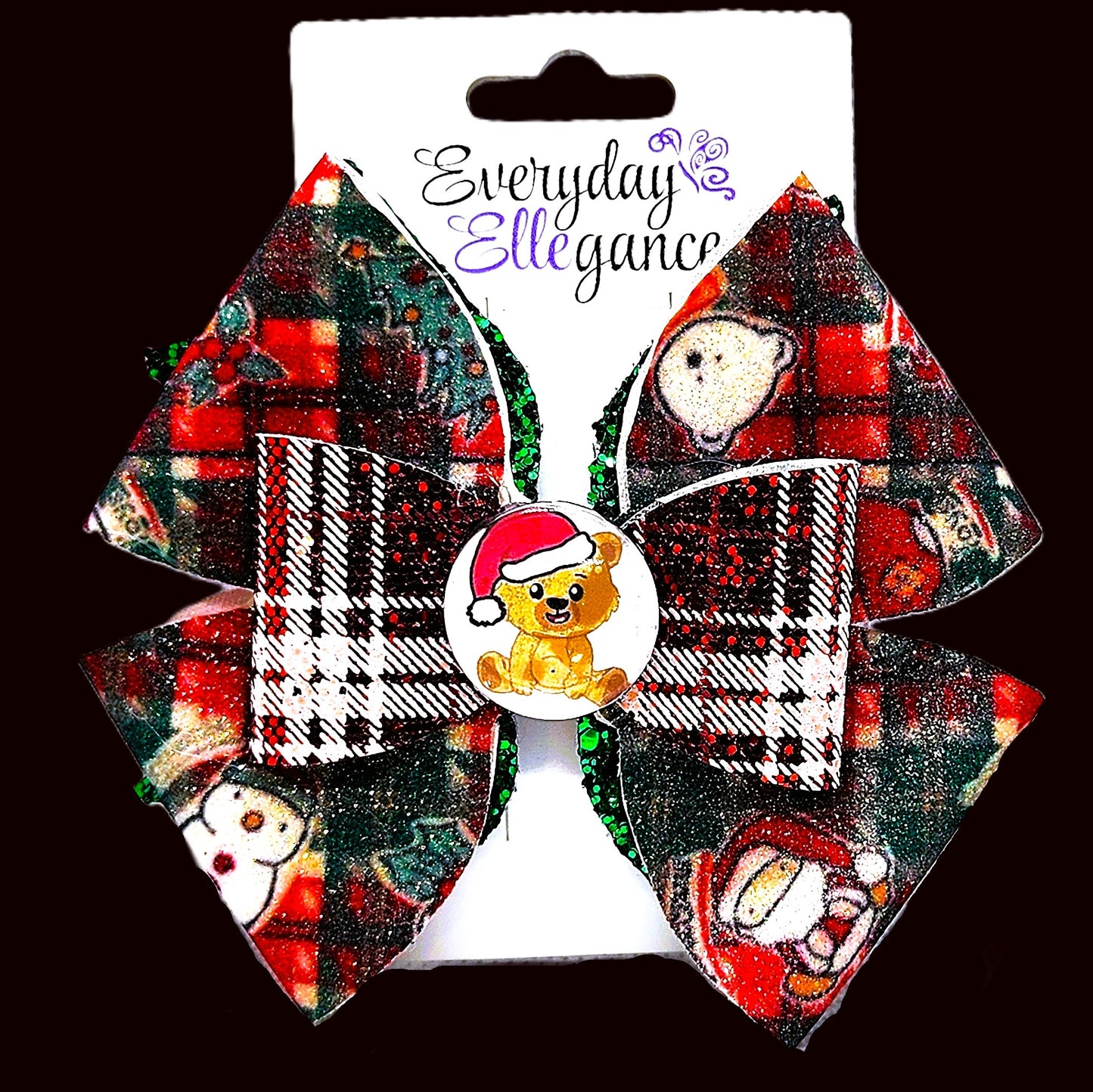 Christmas Plaid Glitter Pinwheel Bow with Teddy Bear Cabochon Accent