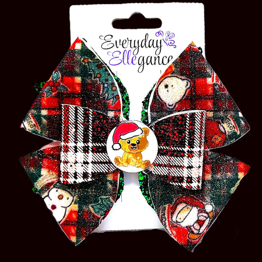 Christmas Plaid Glitter Pinwheel Bow with Teddy Bear Cabochon Accent