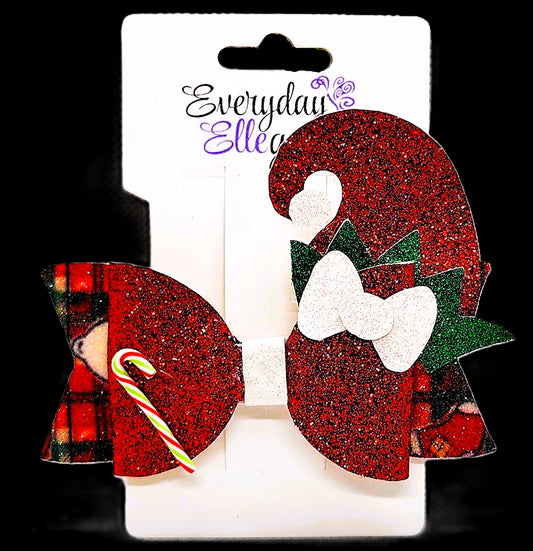Christmas Glitter Plaid Elf Bow with a Candy Cane Accent