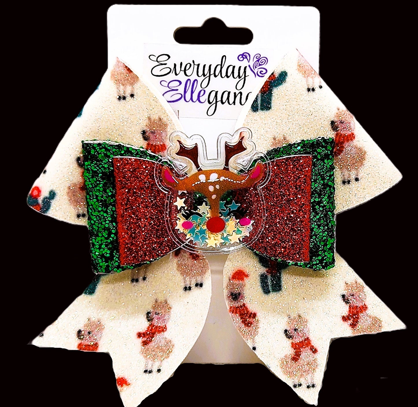 Christmas Reindeer Print Glitter Bow with Reindeer Shaker Accent