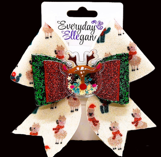 Christmas Reindeer Print Glitter Bow with Reindeer Shaker Accent