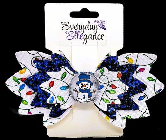 Christmas Lights Glitter Bow with a Snowman Cabochon Accent