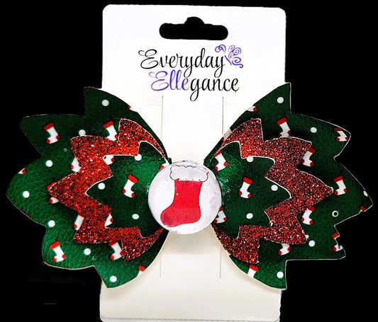 Stocking Print Glitter Bow with a Stocking Cabochon Accent
