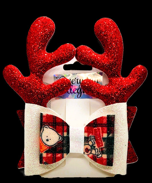 Christmas Plaid Glitter Reindeer Bow with Glitter Antler Accents