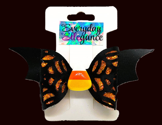 Spider Web Cut-Out on Glitter Bat Wings Bow with a Candy Corn Accent