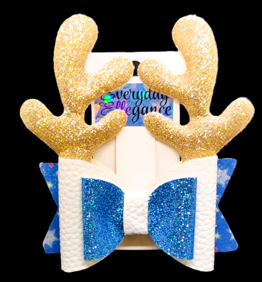 Christmas Glitter Reindeer Bow with Glitter Antler Accents