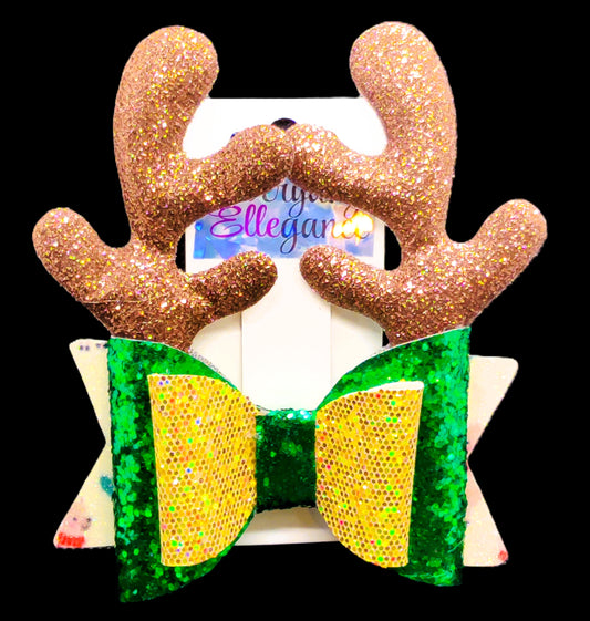 Glitter Reindeer Bow with Glitter Antler Accents