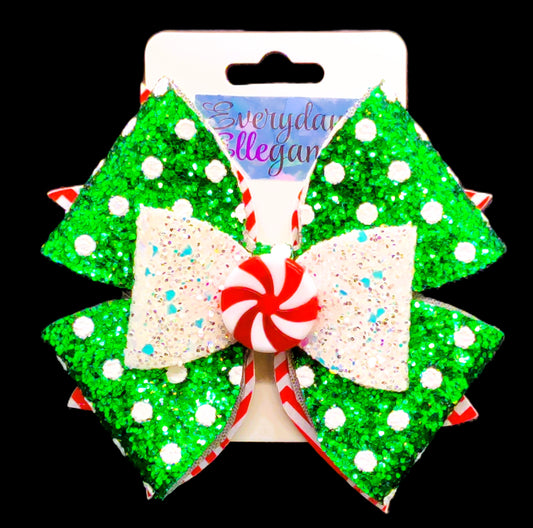 Christmas Stripes and Polka Dots Glitter Pinwheel Bow with a Candy Accent