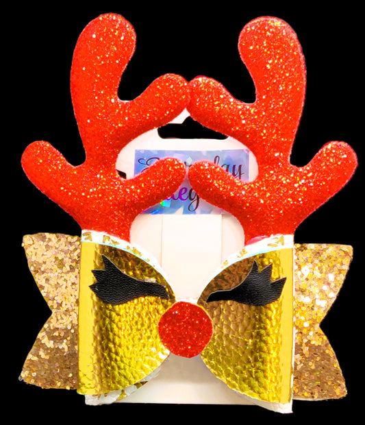 Christmas Glitter Reindeer Face Bow with Glitter Antler Accents