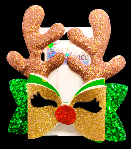 Christmas Chunky Glitter Reindeer Bow with Glitter Antler Accents