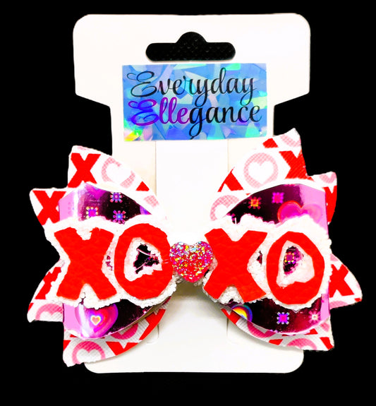 Valentine's Day Holographic Hearts and Glitter XOXO Bow with a Jeweled Heart Accent