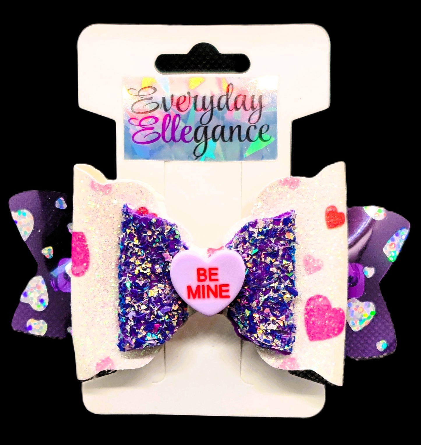 Valentine's Day Holographic Heart and Glitter Bow With a Candy Heart Accent