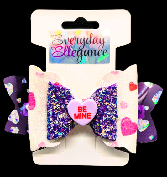 Valentine's Day Holographic Heart and Glitter Bow With a Candy Heart Accent