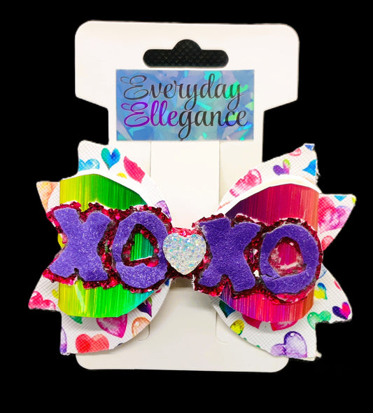 Valentine's Day Holographic XOXO Bow with a Jeweled Heart Accent