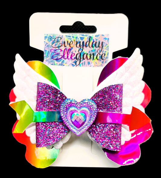 Valentine's Day Holographic Arrow and Glitter Wings Bow with a Jeweled Heart Accent