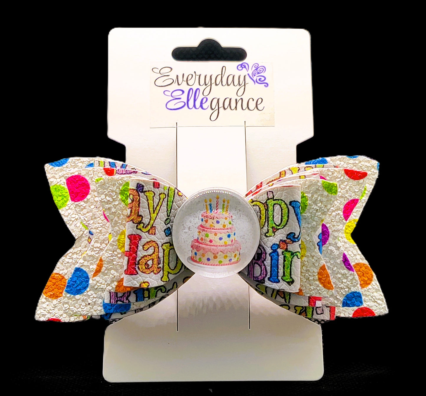Glitter Polka Dot Birthday Bow with a Birthday Cake Cabochon Accent