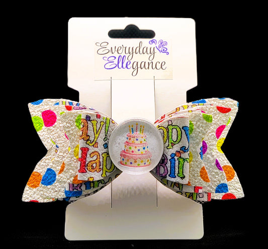 Glitter Polka Dot Birthday Bow with a Birthday Cake Cabochon Accent