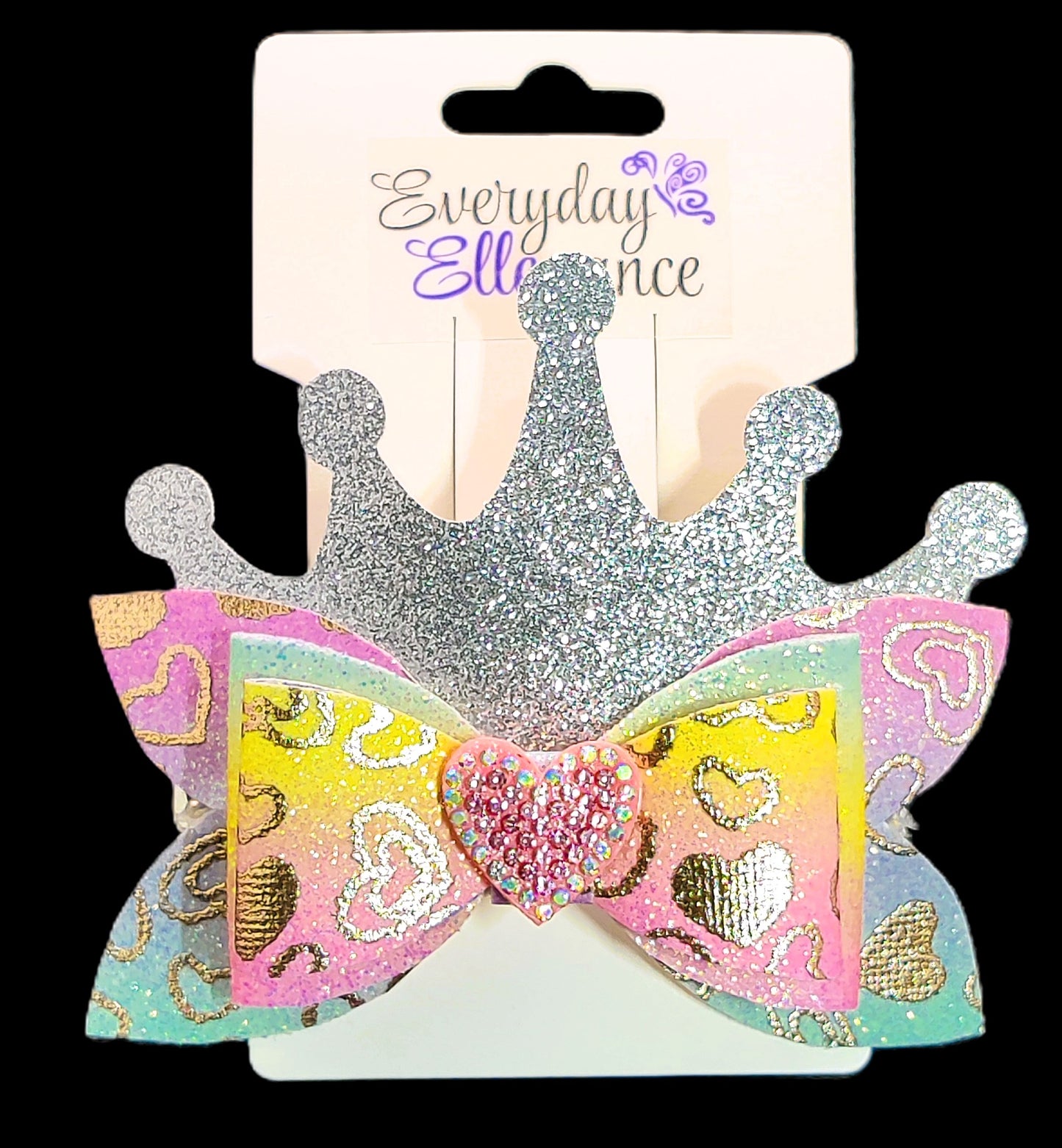 Glitter Heart Crown Bow with a Rhinestone Heart Accent